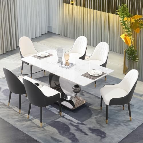 Montary 7 Piece Dining Room Set, Modern Dining Table and Chairs Set, Sintered Stone Dining Table Set for 6, White Marble Dining Table with 6 Chairs for Kitchen, Dining Room
