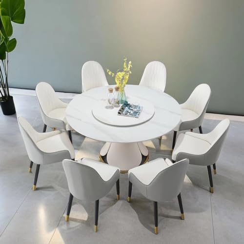 Round Dining Table Set for 8, Modern 59" Sintered Stone Kitchen Table with 31.5" Round Turntable and 8 PU Leather Chairs Set, 9 Pieces Dining Room Sets for Kitchen,Grey