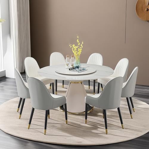 Round Dining Table Set for 8, Modern 59" Sintered Stone Kitchen Table with 31.5" Round Turntable and 8 PU Leather Chairs Set, 9 Pieces Dining Room Sets for Kitchen,Grey