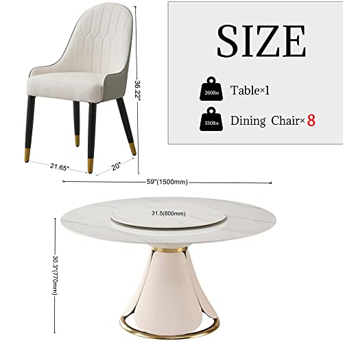 Round Dining Table Set for 8, Modern 59" Sintered Stone Kitchen Table with 31.5" Round Turntable and 8 PU Leather Chairs Set, 9 Pieces Dining Room Sets for Kitchen,Grey