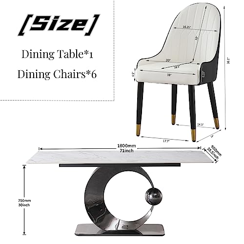 Montary 7 Piece Dining Room Set, Modern Dining Table and Chairs Set, Sintered Stone Dining Table Set for 6, White Marble Dining Table with 6 Chairs for Kitchen, Dining Room