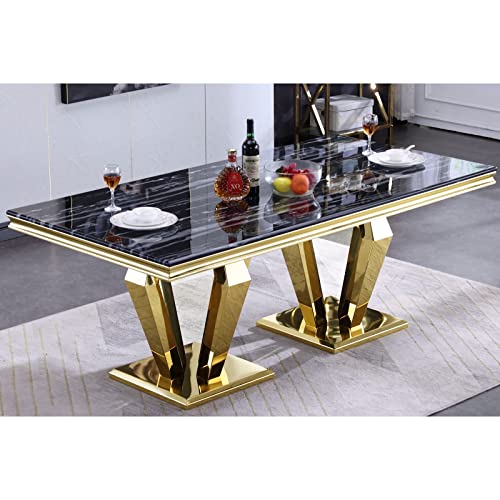 Asday Gold Dining Table, 78 inches Rectangular Dining Room Table for 4 to 8, Modern Double Pedestal Dining Table in Black Gold