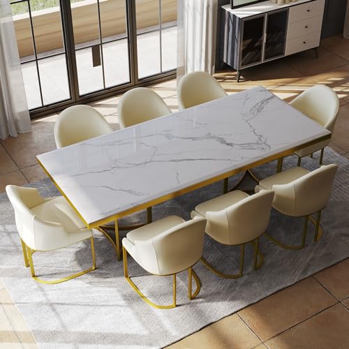POVISON Modern Dining Table, 90.55'' x 39.37'' x 29.53'', Faux Marble Top, Gold Trestle Pedestal, Seats 8-10, White & Gold, Dining Room Table