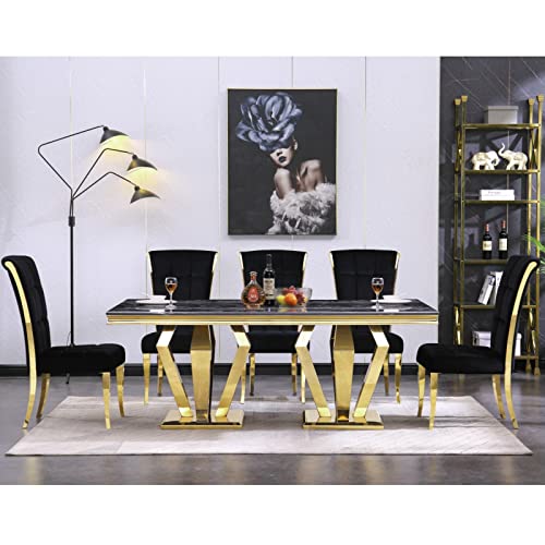Asday Gold Dining Table, 78 inches Rectangular Dining Room Table for 4 to 8, Modern Double Pedestal Dining Table in Black Gold