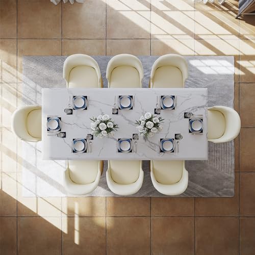 POVISON Modern Dining Table, 90.55'' x 39.37'' x 29.53'', Faux Marble Top, Gold Trestle Pedestal, Seats 8-10, White & Gold, Dining Room Table