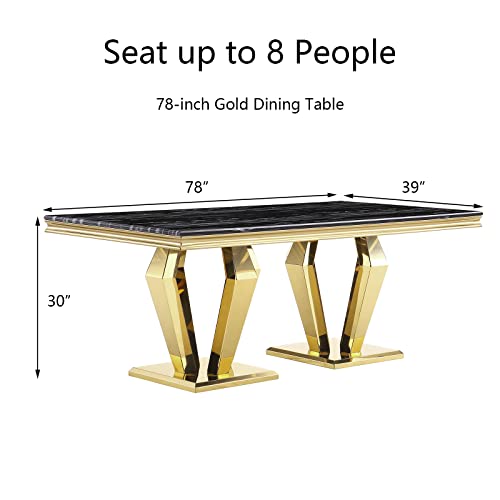 Asday Gold Dining Table, 78 inches Rectangular Dining Room Table for 4 to 8, Modern Double Pedestal Dining Table in Black Gold