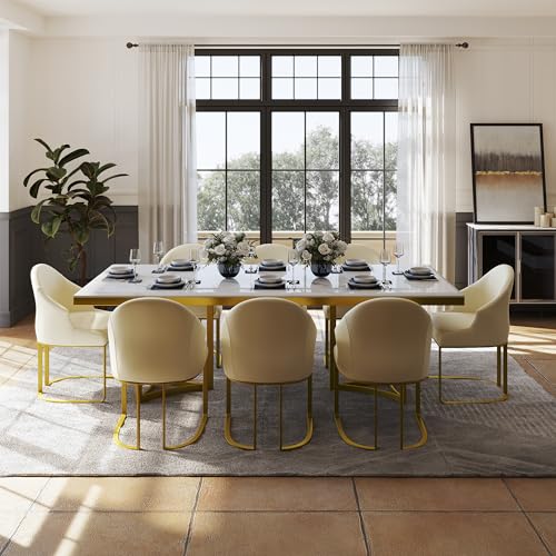 POVISON Modern Dining Table, 90.55'' x 39.37'' x 29.53'', Faux Marble Top, Gold Trestle Pedestal, Seats 8-10, White & Gold, Dining Room Table