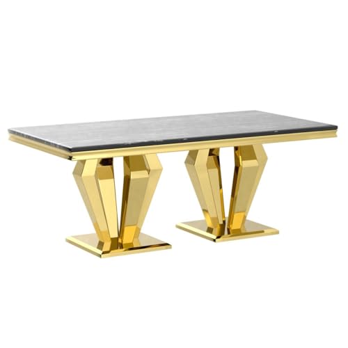 Asday Gold Dining Table, 78 inches Rectangular Dining Room Table for 4 to 8, Modern Double Pedestal Dining Table in Black Gold
