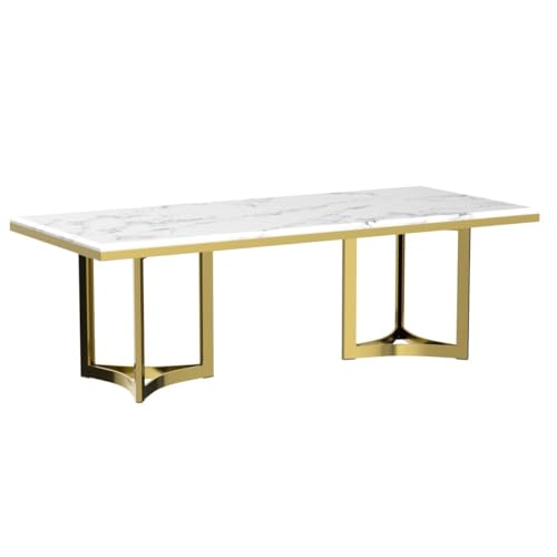 POVISON Modern Dining Table, 90.55'' x 39.37'' x 29.53'', Faux Marble Top, Gold Trestle Pedestal, Seats 8-10, White & Gold, Dining Room Table