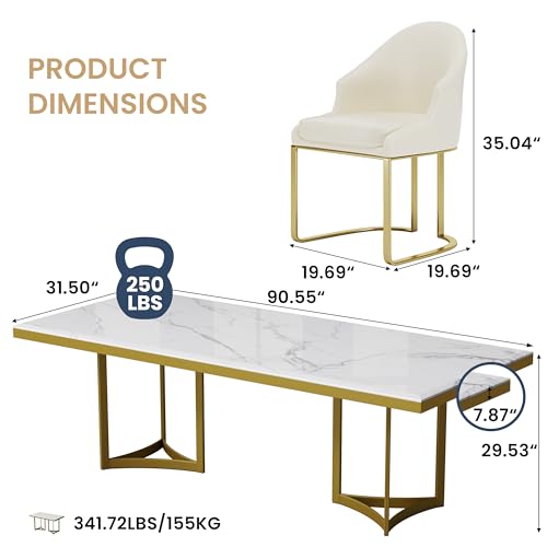POVISON Modern Dining Table, 90.55'' x 39.37'' x 29.53'', Faux Marble Top, Gold Trestle Pedestal, Seats 8-10, White & Gold, Dining Room Table