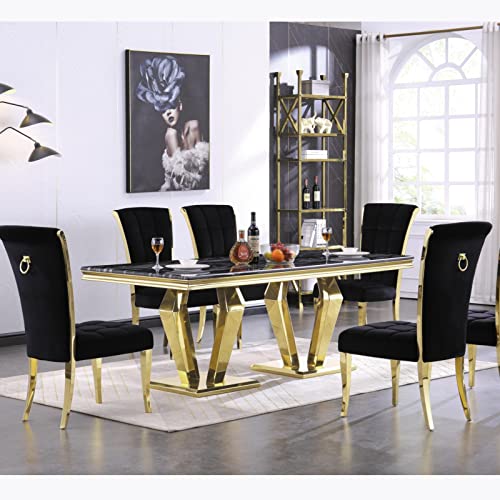 Asday Gold Dining Table, 78 inches Rectangular Dining Room Table for 4 to 8, Modern Double Pedestal Dining Table in Black Gold