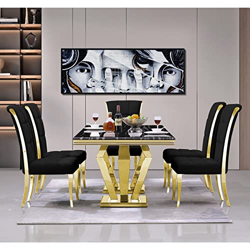 Asday Gold Dining Table, 78 inches Rectangular Dining Room Table for 4 to 8, Modern Double Pedestal Dining Table in Black Gold