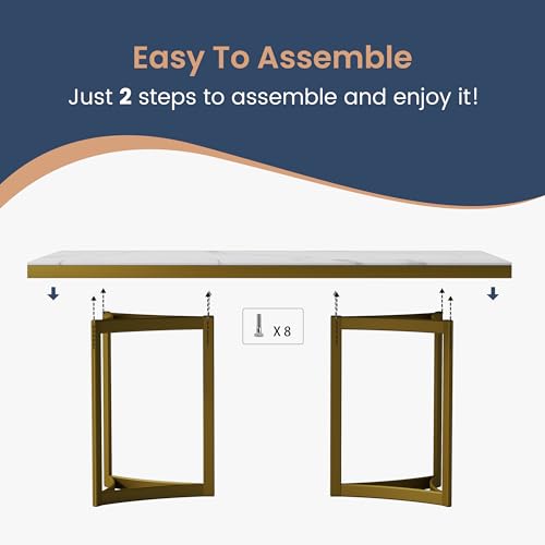 POVISON Modern Dining Table, 90.55'' x 39.37'' x 29.53'', Faux Marble Top, Gold Trestle Pedestal, Seats 8-10, White & Gold, Dining Room Table