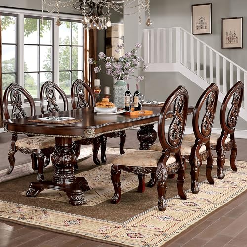 Furniture of America Springbrook Traditional 7-Piece Set Rectangle Wood Table and 6 Padded Armless Chairs for Dining Room, Kitchen, Cherry Brown and Beige