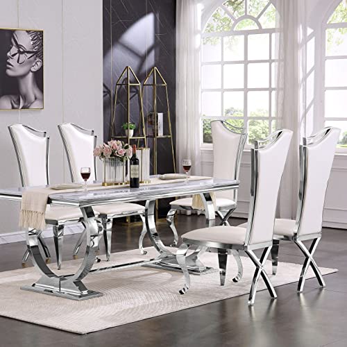 ACEDÉCOR 7 Piece Silver Dining Table Set for 6, Modern Dining Room Table with Silver Stainless Steel U-Base, White Leather Dining Chairs with Silver Mirrored Legs