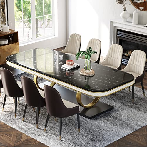 POVISON Black Dining Table for 10, Luxury Modern Dining Table 91" Faux Marble Dining Table Top with Titanium-Plated Dual Circle Base (Dining Table Only)