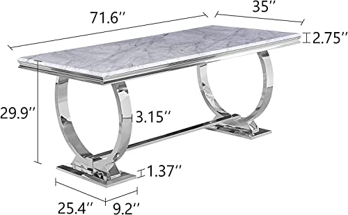 ACEDÉCOR 7 Piece Silver Dining Table Set for 6, Modern Dining Room Table with Silver Stainless Steel U-Base, White Leather Dining Chairs with Silver Mirrored Legs