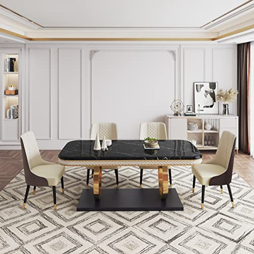 POVISON Black Dining Table for 10, Luxury Modern Dining Table 91" Faux Marble Dining Table Top with Titanium-Plated Dual Circle Base (Dining Table Only)