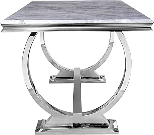 ACEDÉCOR 7 Piece Silver Dining Table Set for 6, Modern Dining Room Table with Silver Stainless Steel U-Base, White Leather Dining Chairs with Silver Mirrored Legs