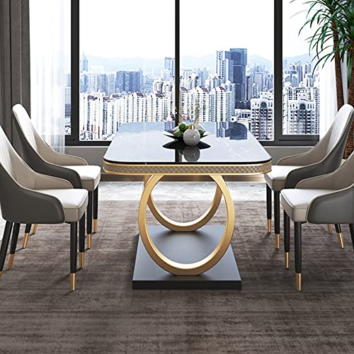 POVISON Black Dining Table for 10, Luxury Modern Dining Table 91" Faux Marble Dining Table Top with Titanium-Plated Dual Circle Base (Dining Table Only)