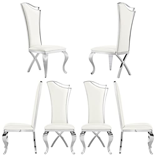 ACEDÉCOR 7 Piece Silver Dining Table Set for 6, Modern Dining Room Table with Silver Stainless Steel U-Base, White Leather Dining Chairs with Silver Mirrored Legs