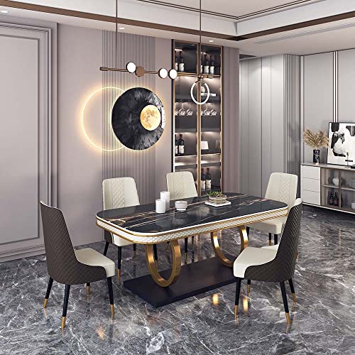 POVISON Black Dining Table for 10, Luxury Modern Dining Table 91" Faux Marble Dining Table Top with Titanium-Plated Dual Circle Base (Dining Table Only)