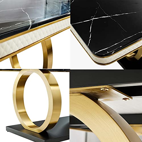 POVISON Black Dining Table for 10, Luxury Modern Dining Table 91" Faux Marble Dining Table Top with Titanium-Plated Dual Circle Base (Dining Table Only)