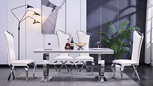ACEDÉCOR 7 Piece Silver Dining Table Set for 6, Modern Dining Room Table with Silver Stainless Steel U-Base, White Leather Dining Chairs with Silver Mirrored Legs