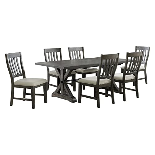 Sunset Trading Gray Trestle 7 Piece Dining Set | 96" Rectangular Extendable Table | 6 Upholstered Side Chairs | Distressed Wood | Seats 8, | 3 Size Expandable
