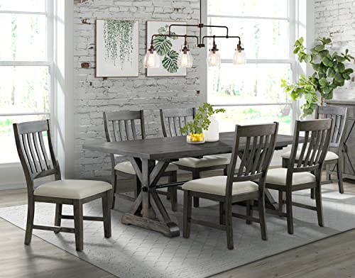 Sunset Trading Gray Trestle 7 Piece Dining Set | 96" Rectangular Extendable Table | 6 Upholstered Side Chairs | Distressed Wood | Seats 8, | 3 Size Expandable