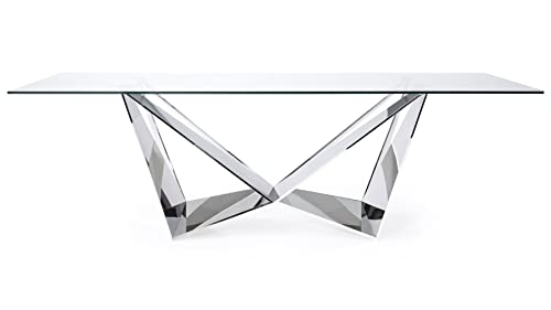 ZURI Modern Serra 94" Dining Table - Clear Glass with Polished Stainless Steel Base