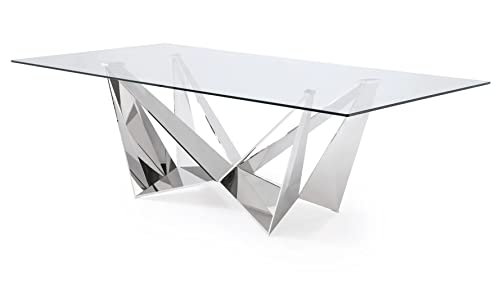 ZURI Modern Serra 94" Dining Table - Clear Glass with Polished Stainless Steel Base