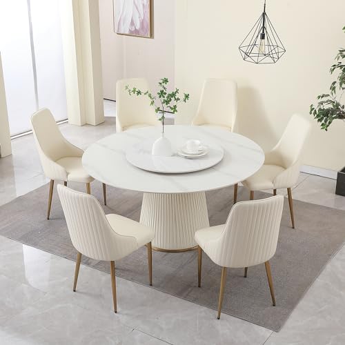 Legendstone Modern Round Dining Table Set for 6, 59" Faux Marble Kitchen Table with 6Pcs Dining Chairs, Dinner Room Table with Lazy Susan & Wood Base for Home Kitchen