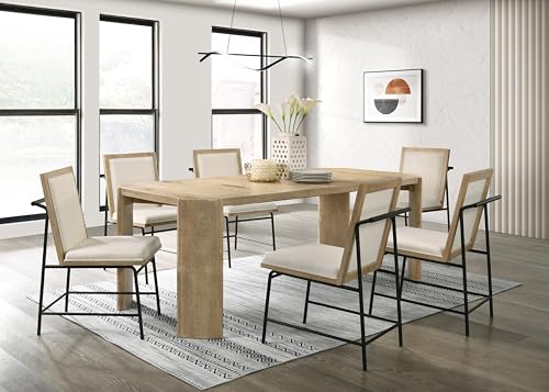 RITSU OakFinish 7 Piece Extendable Rectangles Dining Table Set, 66" Kitchen Tables with Six Cream Color Upholstered Metal Leg Chairs, for Living Room, Apartment, Oak