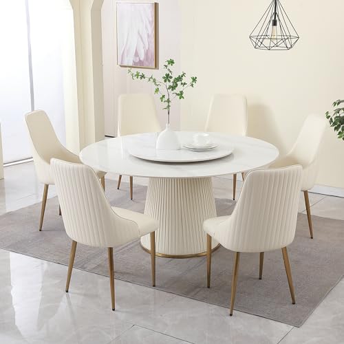 Legendstone Modern Round Dining Table Set for 6, 59" Faux Marble Kitchen Table with 6Pcs Dining Chairs, Dinner Room Table with Lazy Susan & Wood Base for Home Kitchen
