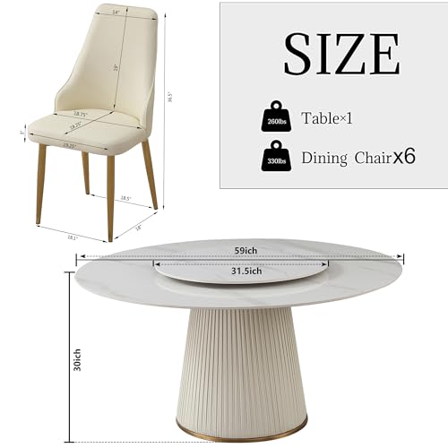 Legendstone Modern Round Dining Table Set for 6, 59" Faux Marble Kitchen Table with 6Pcs Dining Chairs, Dinner Room Table with Lazy Susan & Wood Base for Home Kitchen