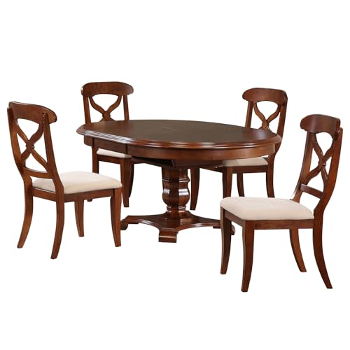 HomeStock Art Deco Dreams 5 Piece 48" Round Or 66" Oval Extendable Dining Set, Butterfly Leaf Table, Chestnut Brown, Seats 6-48 x 66 x 30 inches