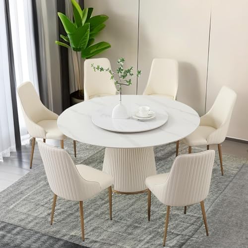 Legendstone Modern Round Dining Table Set for 6, 59" Faux Marble Kitchen Table with 6Pcs Dining Chairs, Dinner Room Table with Lazy Susan & Wood Base for Home Kitchen