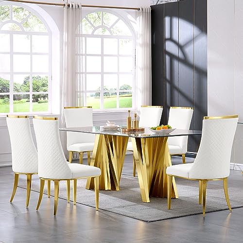 Anewsun Gold Glass Dining Tabe Set for 6, 7 Pieces Falcone Dining Room Table Set, Glass Top Polished Base Dining Table with 6 White and Gold Velvet Dining Chairs for Dining Room, Kitchen