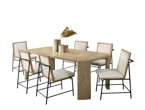 RITSU OakFinish 7 Piece Extendable Rectangles Dining Table Set, 66" Kitchen Tables with Six Cream Color Upholstered Metal Leg Chairs, for Living Room, Apartment, Oak