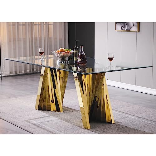 Anewsun Gold Glass Dining Tabe Set for 6, 7 Pieces Falcone Dining Room Table Set, Glass Top Polished Base Dining Table with 6 White and Gold Velvet Dining Chairs for Dining Room, Kitchen