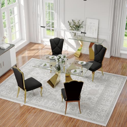 Anewsun Luxury Dining Table Set for 4, 5 Piece Gold Dining Room Table Set with 63 Inch Glass Dining Table and Black Velvet Upholstered Dining Chairs Set of 4 for Dining Room, Kitchen, Living Room
