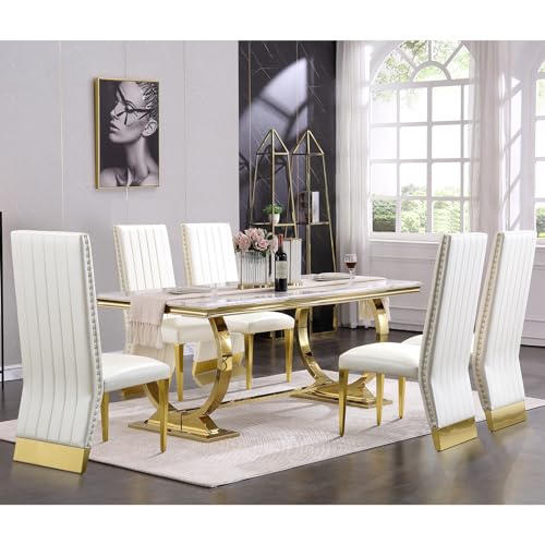 Anewsun 7 Pieces White Gold Dining Table Set, White Texture Top Dining Room Table with 6 White Leather Upholstered Chairs, 72" Rectangular Dining Table Set for 6