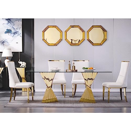 Anewsun Gold Glass Dining Tabe Set for 6, 7 Pieces Falcone Dining Room Table Set, Glass Top Polished Base Dining Table with 6 White and Gold Velvet Dining Chairs for Dining Room, Kitchen