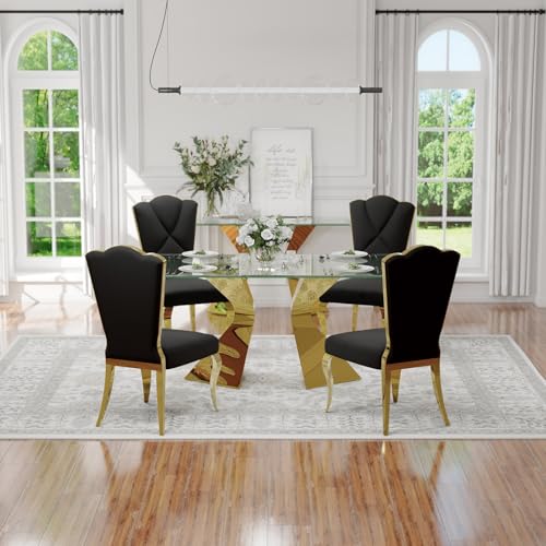 Anewsun Luxury Dining Table Set for 4, 5 Piece Gold Dining Room Table Set with 63 Inch Glass Dining Table and Black Velvet Upholstered Dining Chairs Set of 4 for Dining Room, Kitchen, Living Room