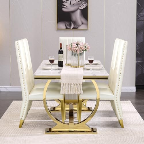 Anewsun 7 Pieces White Gold Dining Table Set, White Texture Top Dining Room Table with 6 White Leather Upholstered Chairs, 72" Rectangular Dining Table Set for 6