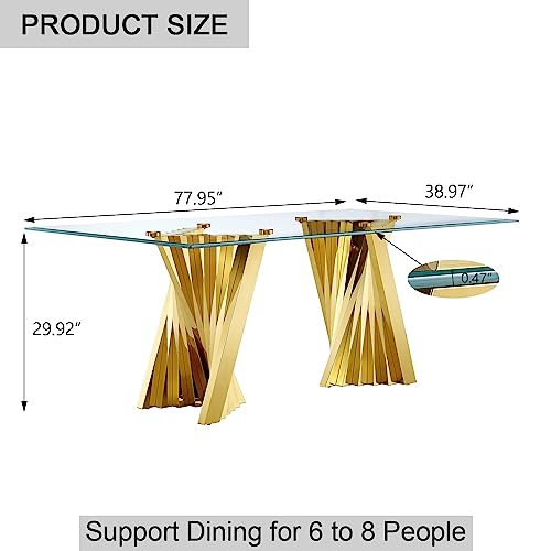 Anewsun Gold Glass Dining Tabe Set for 6, 7 Pieces Falcone Dining Room Table Set, Glass Top Polished Base Dining Table with 6 White and Gold Velvet Dining Chairs for Dining Room, Kitchen