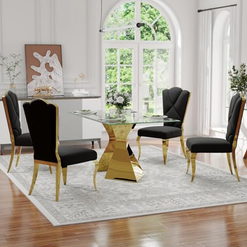 Anewsun Luxury Dining Table Set for 4, 5 Piece Gold Dining Room Table Set with 63 Inch Glass Dining Table and Black Velvet Upholstered Dining Chairs Set of 4 for Dining Room, Kitchen, Living Room