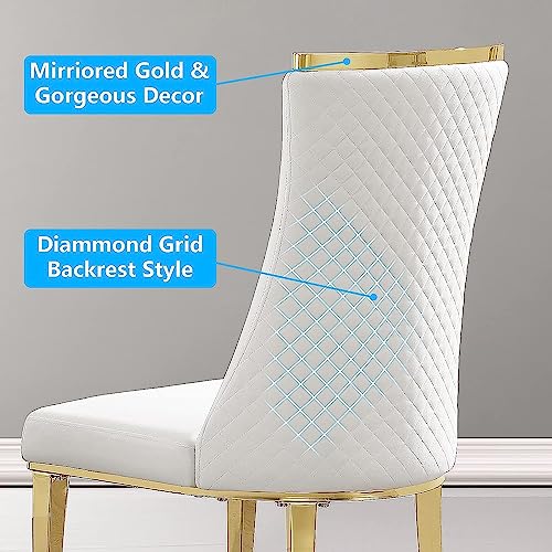 Anewsun Gold Glass Dining Tabe Set for 6, 7 Pieces Falcone Dining Room Table Set, Glass Top Polished Base Dining Table with 6 White and Gold Velvet Dining Chairs for Dining Room, Kitchen