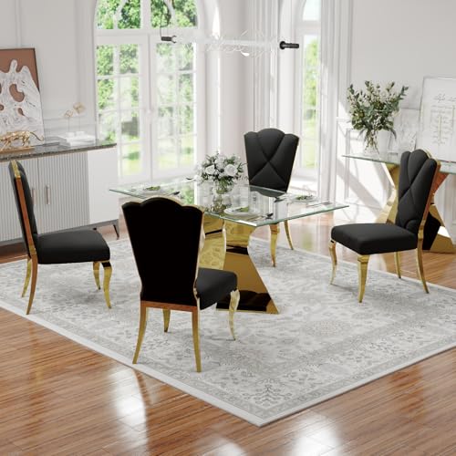 Anewsun Luxury Dining Table Set for 4, 5 Piece Gold Dining Room Table Set with 63 Inch Glass Dining Table and Black Velvet Upholstered Dining Chairs Set of 4 for Dining Room, Kitchen, Living Room